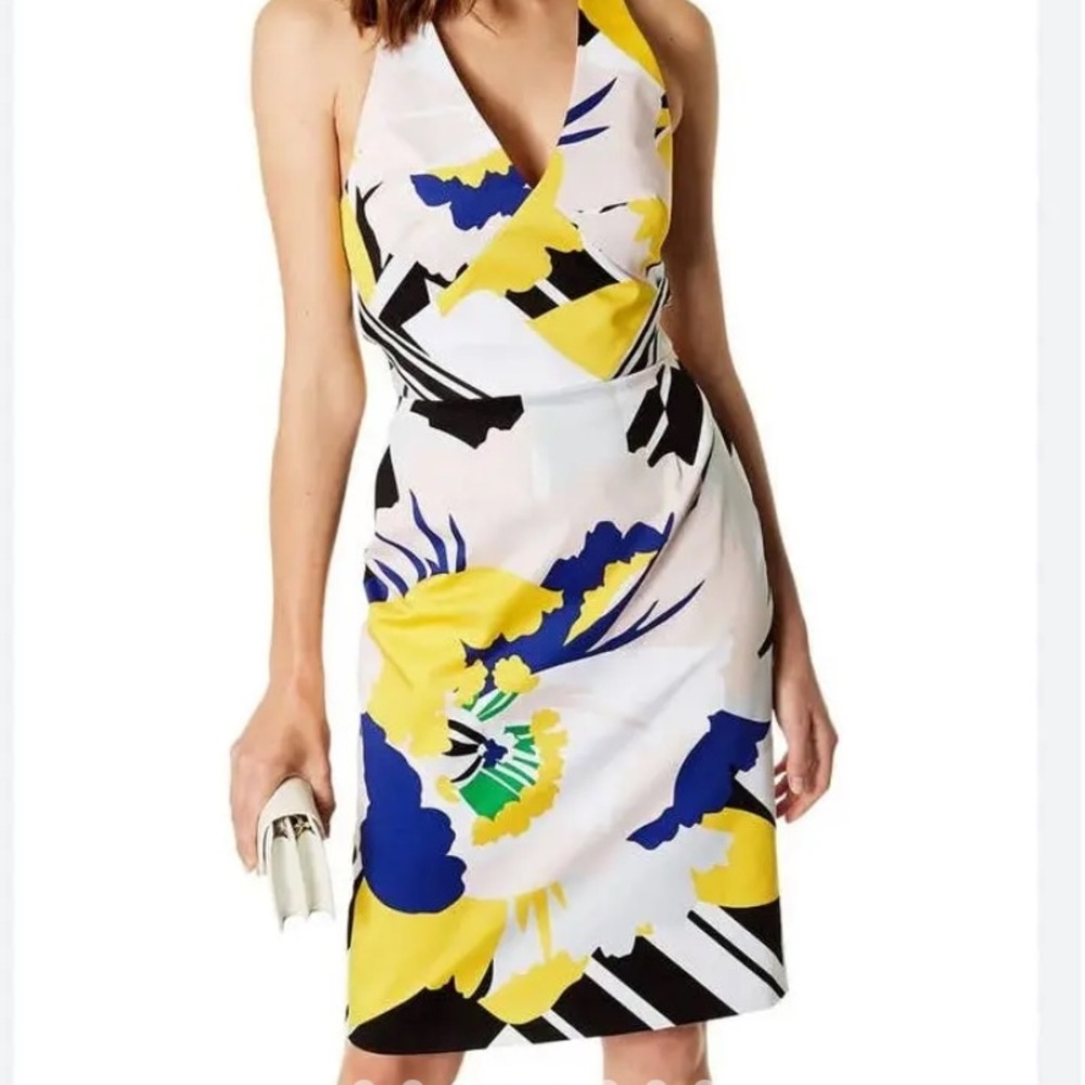 Karen Millen Floral Print Criss Cross Strap Dress - Blue, Yellow, Black